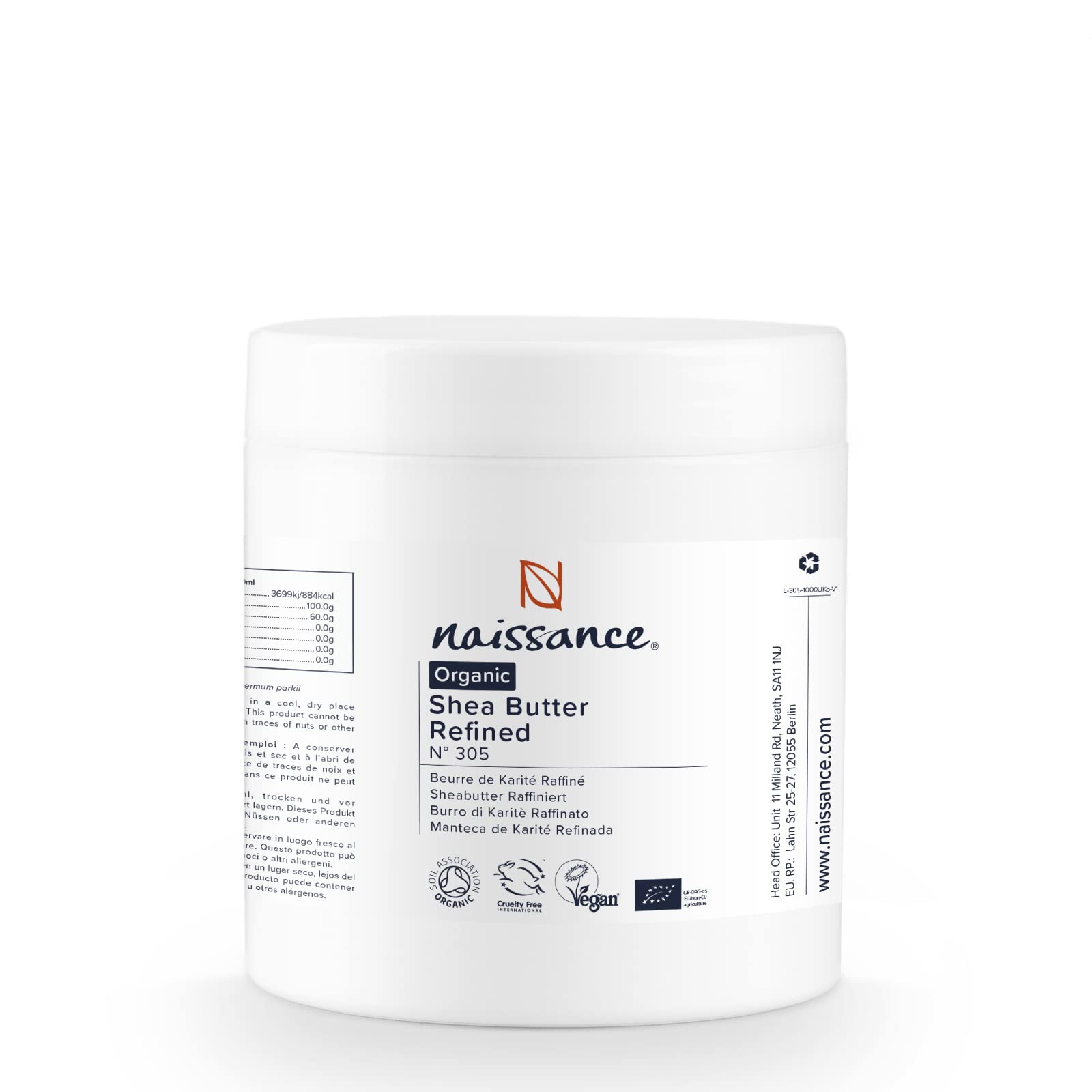 Naissance Organic Shea Butter Refined (No. 305) - 500g - Pure, Natural - for Beauty Recipes, Body, Face, Hair Moisturiser and Cosmetics