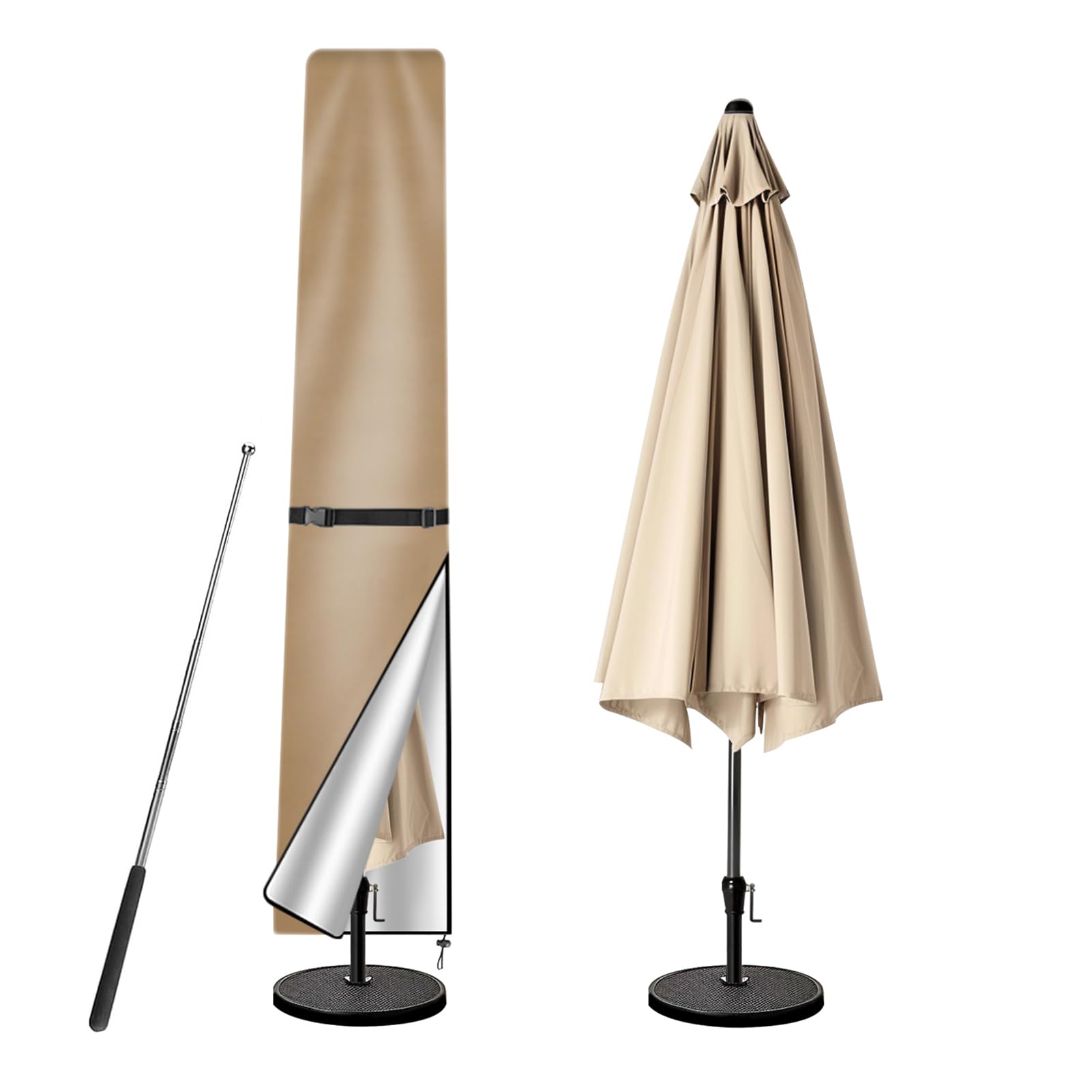 wiipara Parasol Cover with Rod, Parasol Protective Cover fit for Waterproof UV-Block Windproof Large Umbrella Cover with Zip and Storage Bag for Garden Outdoor (Khaki, 170x25(top) x35(bottom) cm)