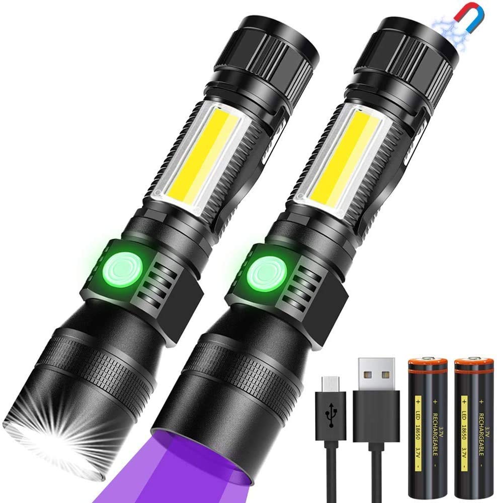 UV Torch 3 in 1 UV Lamp, LED Torch USB Rechargeable Magnetic Zoomable, Banral Waterproof COB Work Light, 7 Modes, 395 nm Ultraviolet Light Urine Detector for Pet (2 Pieces)