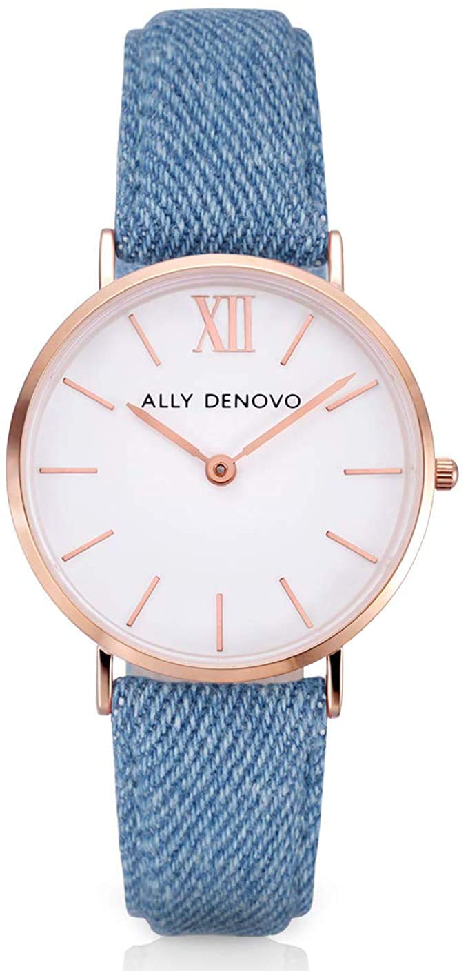 Ally Denovo New Vintage Denim Women's Watch with Leather Strap Textile Analogue Rose Stainless Steel AF5006.4