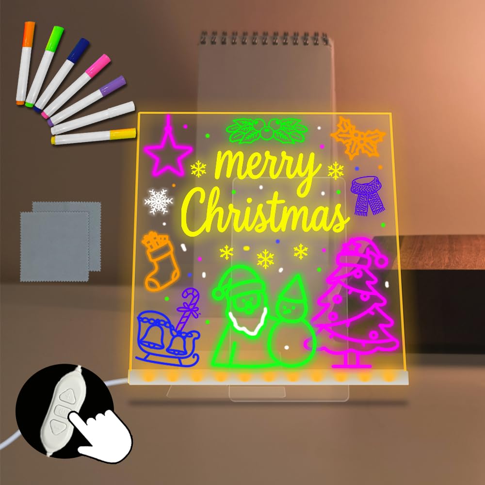 Acrylic Transparent LED Drawing Board 7.95×7.83 Inch Message Board with Stand Light up Dry Erase Board Whiteboard LED Drawing Board USB Powered Dimming Bedside Lamp 7 Colorful Pen Office Home Decor