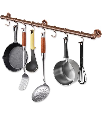 Pots and Pans Hanging Rack Rail with 6 Hooks, Wall Mounted Utensil
