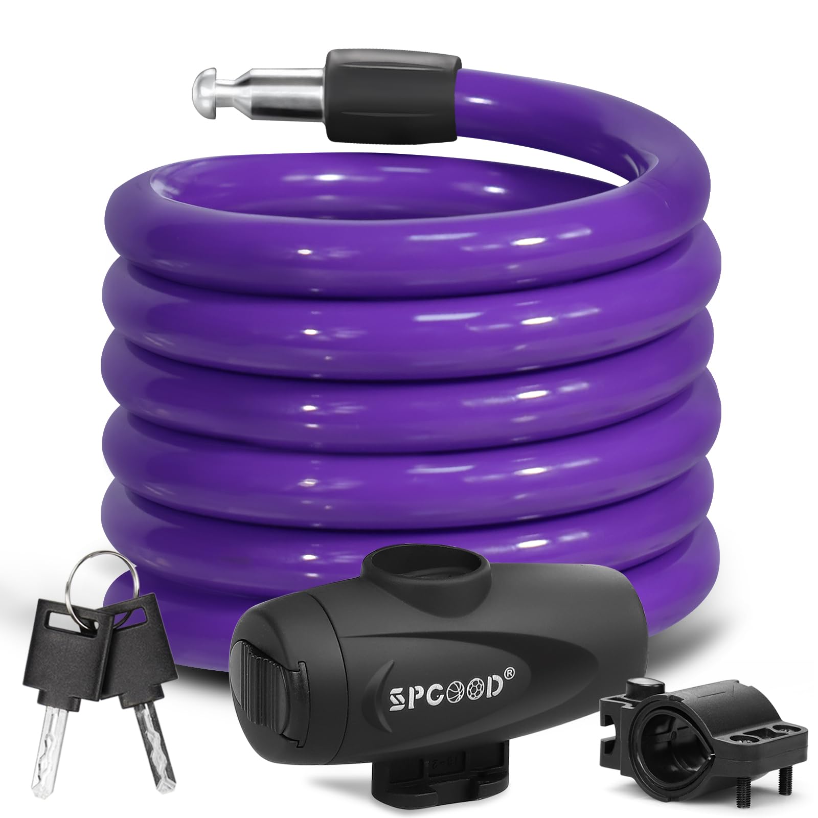 SPGOOD 1200mm/12mm Bike Lock with Mounting Bracket, Steel Cycling Cable Lock, High Security, Lightweight Coiling Cable Lock for Bike, Scooter, Skateboard, Gate, Door (Purple)