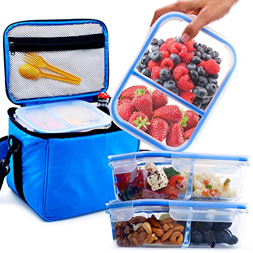 3 Pack Glass Meal Prep Containers 2 Compartment BPA Free Leakproof Glass Food Storage Containers Airtight Locking Lids Bento Lunch Box Containers Set in Large Insulated Thermal Cooler Meal Prep Bag