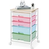 SYKIARIOL Utility Cart with 5 Drawers with Wooden Top, Rainbow | 5-Tiers Storage Cart with Drawers with Lockable Wheels for Craft Organizers and Storage,Home Office,Classroom,Dorm ,Playroom