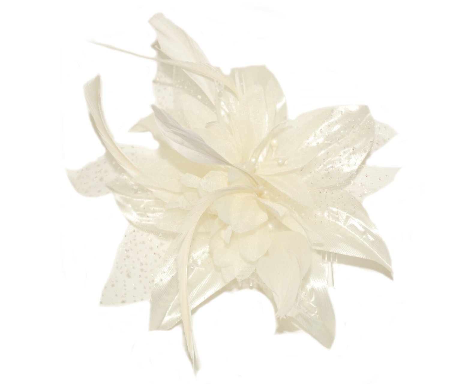 Ladies Cream chiffon Flower and Feather Fascinator on Comb.