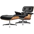 BRMFIKOU Top Black Grain Leather, Mid Century Chaise Lounge Chair and Ottoman, Modern Chair Classic Design, Heavy Duty Base Support for Living Room Study Lounge Office (Upgraded, Walnut-Black)