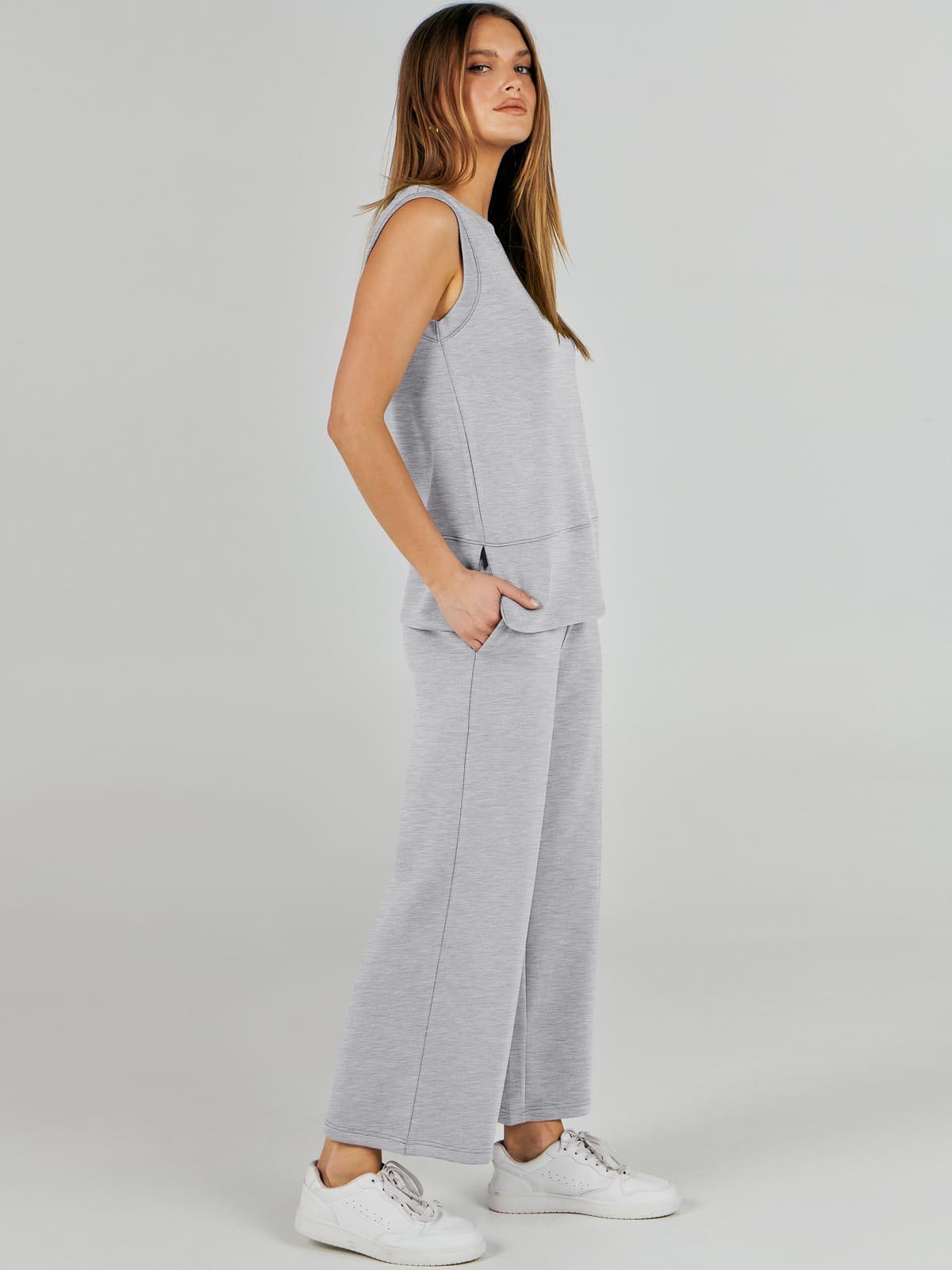 ANRABESS Women's 2 Piece Sets Summer Outfits Sleeveless Wide Leg Tracksuits Casual Sweat Sets Lounge Sweatsuits Light Grey Large - Image 7