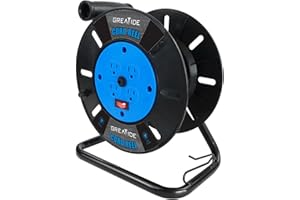 GREATIDE Heavy Duty Extension Cord Storage Reel, 4 Grounded Outlets, 10A Circuit Breaker, Rocker Power Switch, Retractable Hand Wind, Open Cord Reel for 12/3, 14/3, or 16/3 Gauge Power Cord, Blue