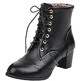 Uniquelly Womens Wingtip Booties Chunky Heel Ankle Boots Lace Up Round Toe Vintage Comfortable Winter Shoes (Black,US6.5)