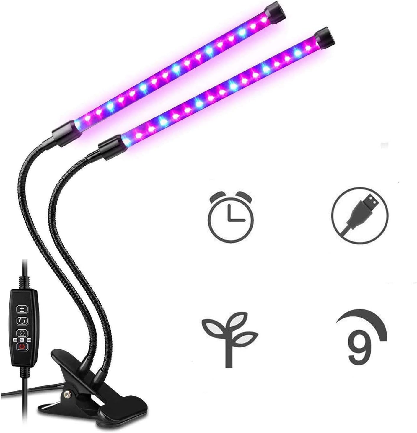 Tento Lighting Plant Grow Light Timer Dual Head with Auto Turn On, 5 Dimmable Levels, 3/9/12H Timer Spectrum Adjustable Gooseneck Sun Lamp for Indoor Plants 36 PCS (24pcs for Red,12pcs for Blue)