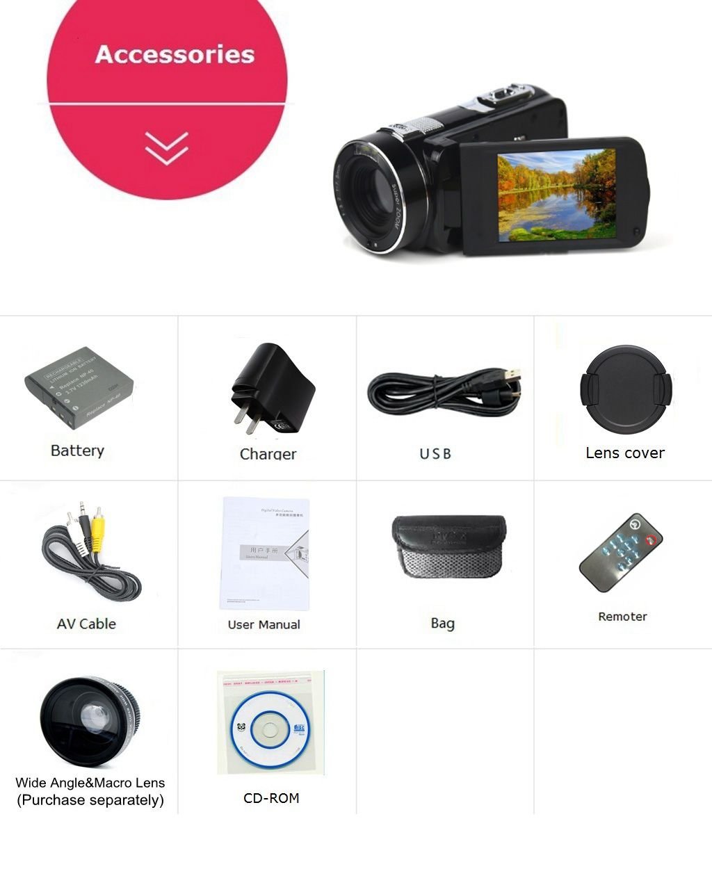 SEREE HDV-M06 FHD 1080p Video Camcorder 24MP 18X Digital Zoom Self Timer Beauty Face Camera HDMI Output (HDV-M06)