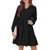 HUSKARY Baby Doll Dresses Women Fall Casual Tie V Neck Ruffle Tiered Tunic Dress Knee Length Cute Dresses with Pockets