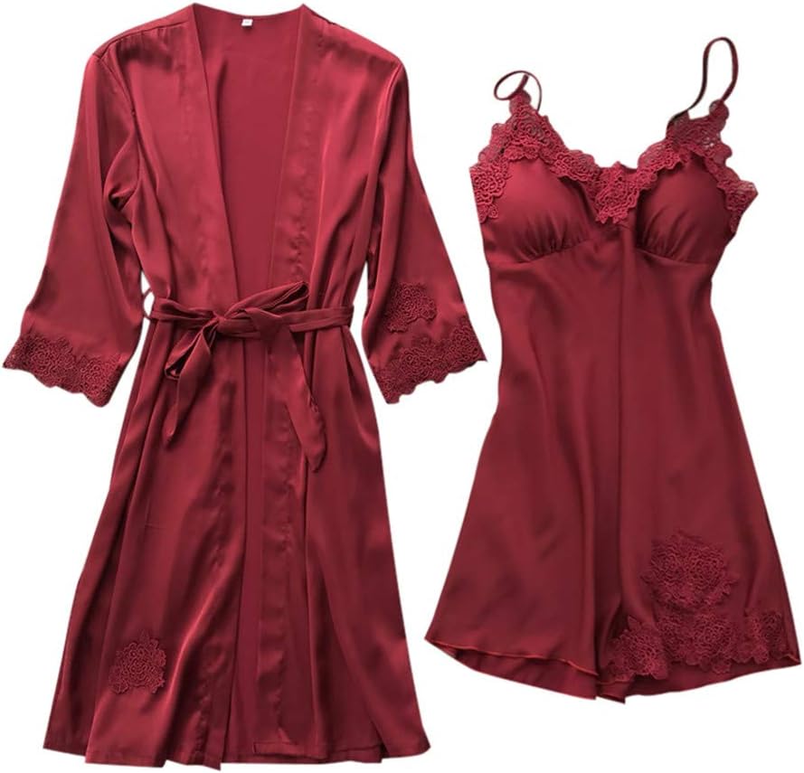 YOMXL 2 Piece Sleepwear Kimono Set - Women's Robe Nightgown Sexy Silk Satin Camisole Pajama Dress Lingerie Cover Up Cardigan