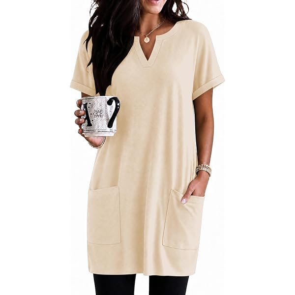 KISSMODA Women's Short Sleeve Tunic Tops Summer for Leggings Casual Long  Tunics with Pockets T Shirts A-apricot at Amazon Women's Clothing store