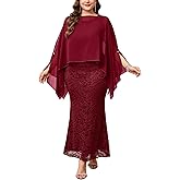 ZOMVA Plus Size 0X-4X Mother of The Bride Groom Lace Dress with Chiffon Cape Overlay Long Mermaid Dress Formal Wedding Guest