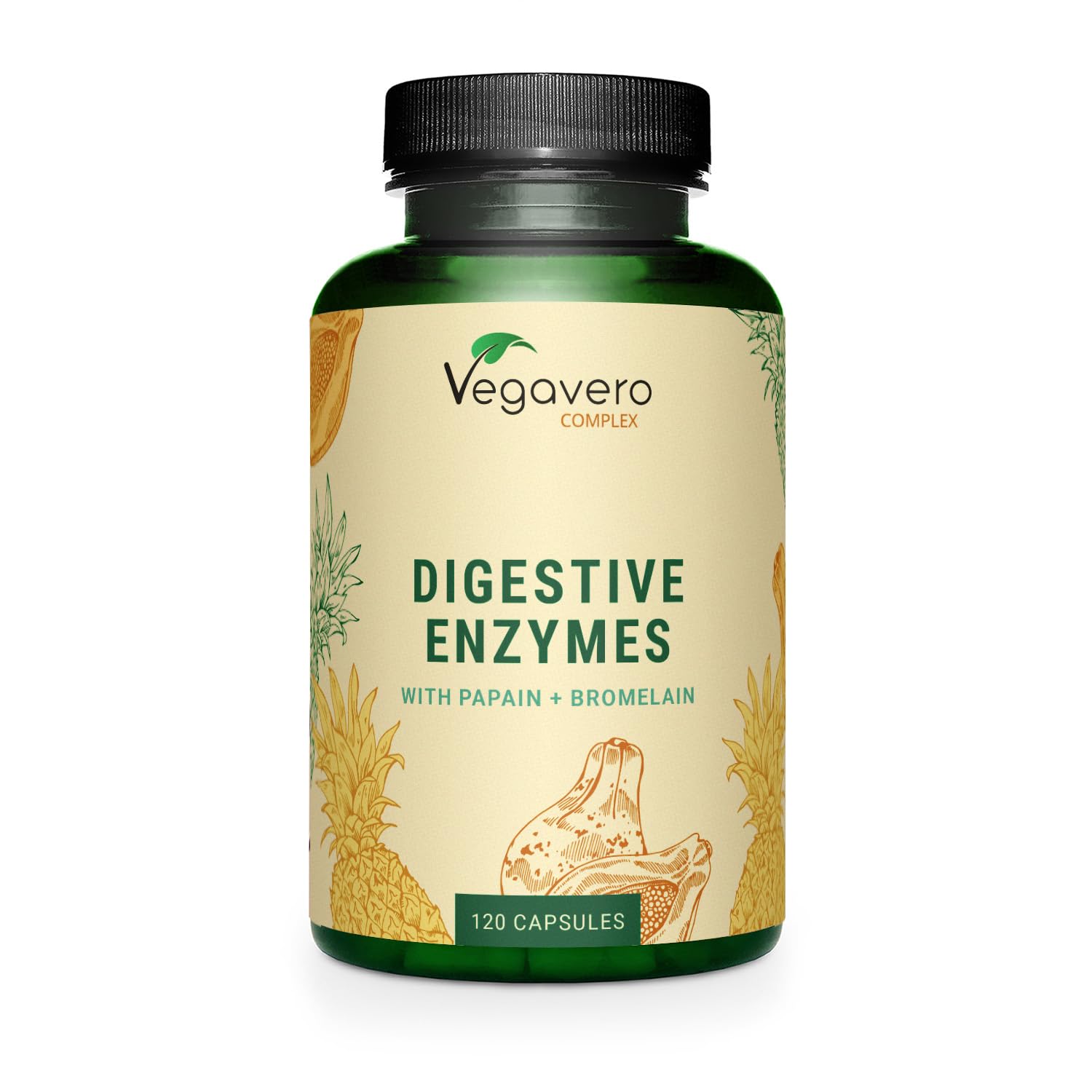 Vegavero Digestive Enzyme Supplements | 100% Plant-Based | with Bromelain, Papain, Amylase, Lipase, Cellulase and Calcium (Aquamin™) | NO Additives, Lab-Tested | 120 Capsules | Vegan