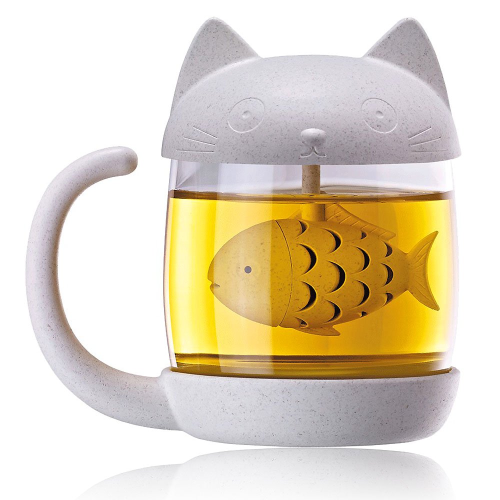Tea Cup KIDAC Novelty Glass Teacup with Cute Cat lid and Fish Tea Infuser 8.5 OZ./250 ml