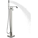 Freestanding Bathtub Faucet Brushed Nickel Tub Filler Floor Mount Single Handle Brass Tap with Handheld Shower and Swivel Mixer Spout