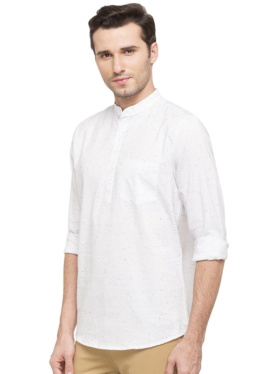 nick&jess men's ethnic wear : white melange printed cotton short kurta shirt