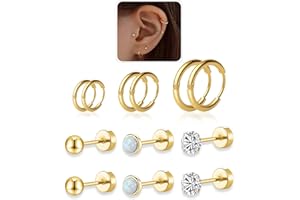 AMASIS Surgical Steel Earrings Sets for Sensitive Ears Lightweight Small Huggie Hoop Earrings Hypoallergenic 20G Stainless Steel Opal Ball Pearl CZ Flat Back Earrings for Women Men Trendy Cartilage Earrings Hoop Stud