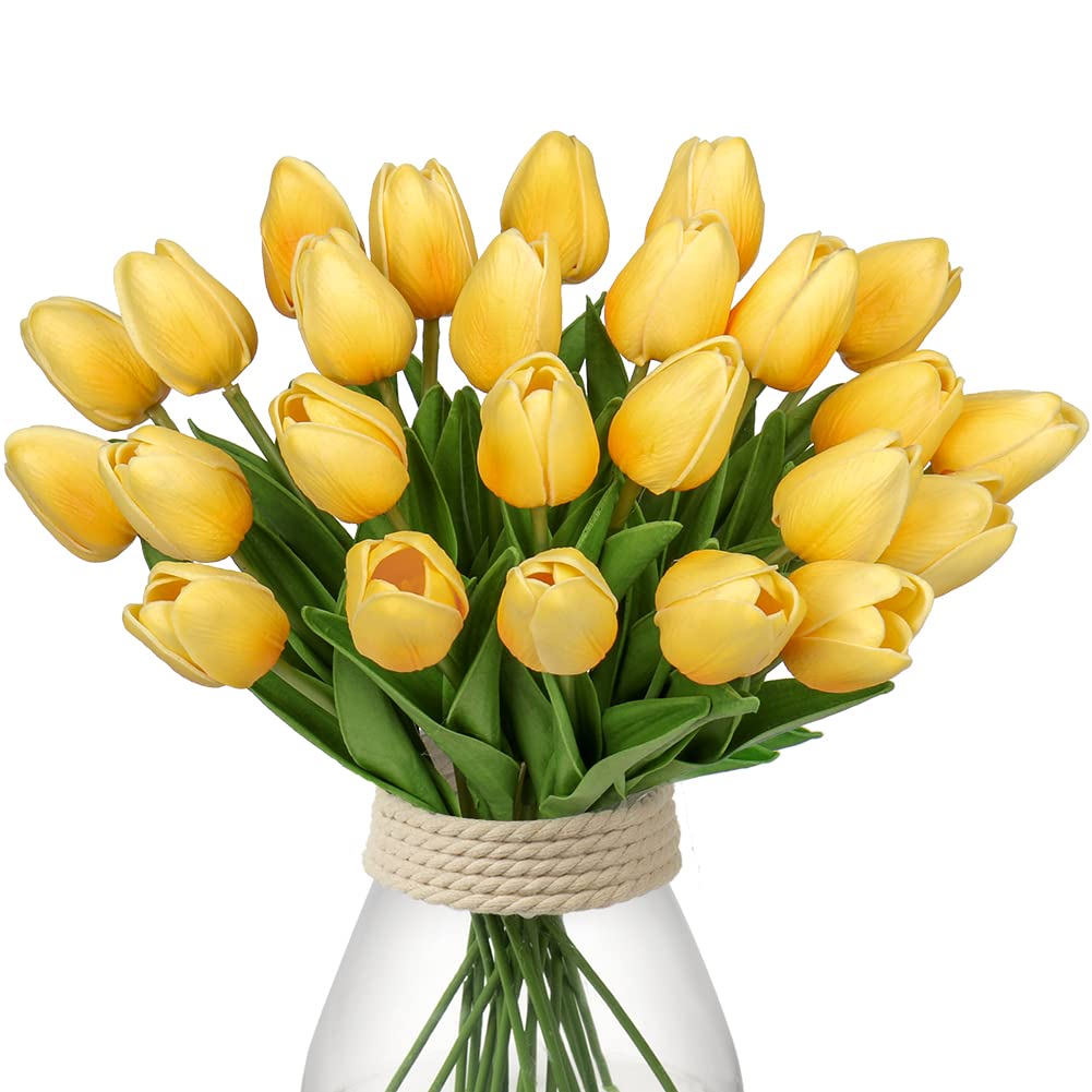 Photo 1 of 24 Pcs Yellow Tulips Artificial Flowers Real Touch Fake Tulips Fake Flowers for Mother's Day 13.5" Faux Tulips Faux Flowers Bulk Artificial Tulips Flowers for Vase Centerpieces Home Wedding Bouquet