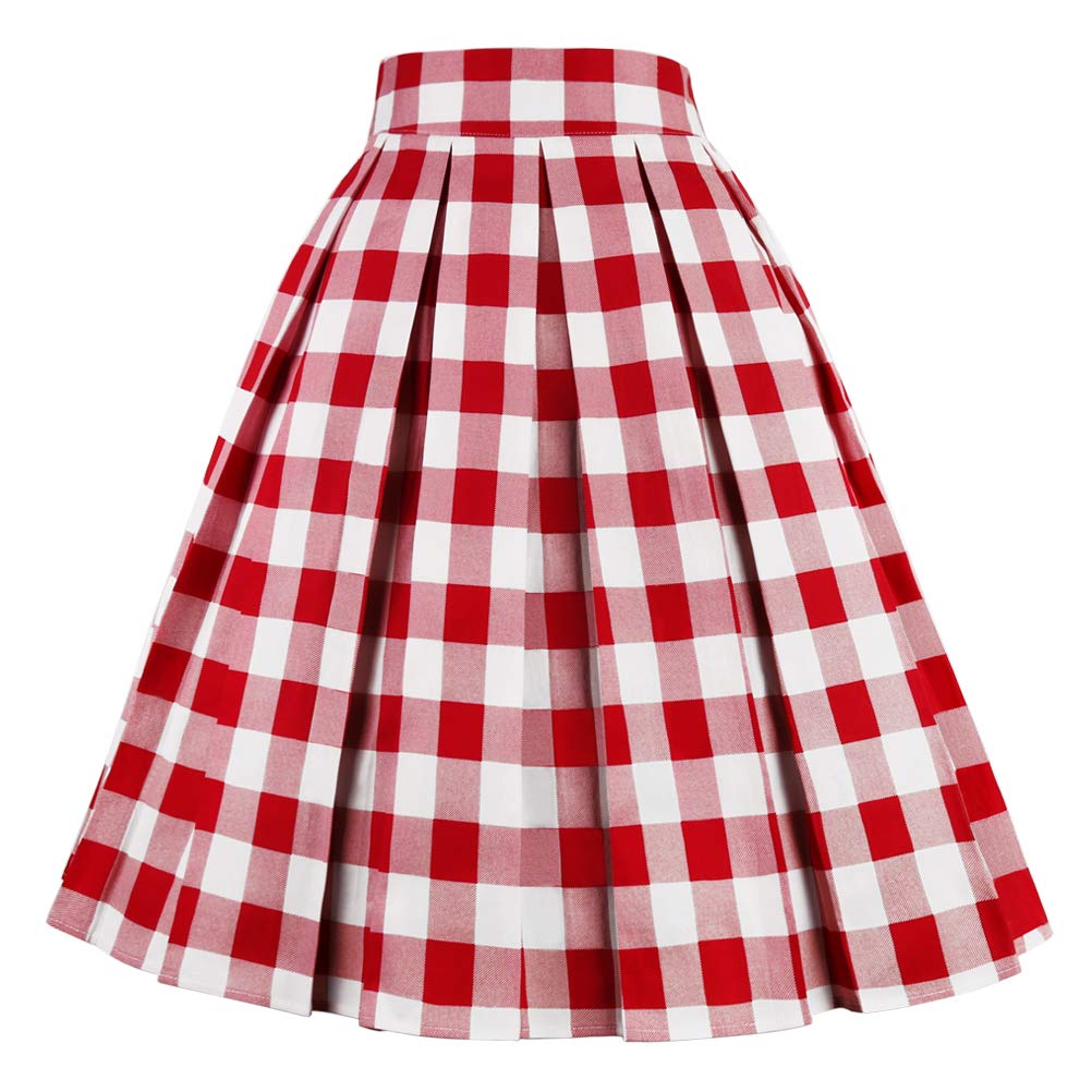 Photo 1 of ** broken zipper *** Girstunm Women's Pleated Vintage Skirt Floral Print A-line Midi Skirts with Pockets Red-White-Plaid M