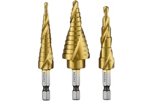 KAGGNA Step Drill Bit Set, Titanium Coated Drill Bits, 3 Pcs, Spiral Grooved for Faster Drilling, Step Bits for Stainless Ste