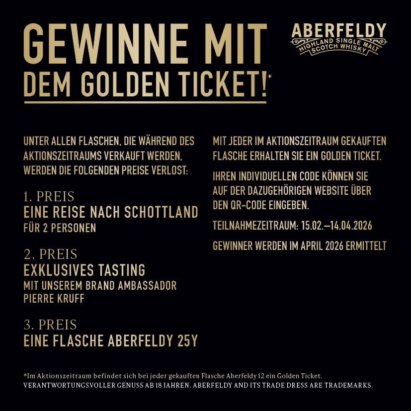 Aberfeldy 12 Jahre Highland Scotch Single Malt Whisky, 40% Vol., 700 ml, inkl. Golden Ticket, in edler Geschenkbox. Eichenfass gereift mit Noten von Honig, Früchten, Gewürzen & einem Hauch Rauch 3