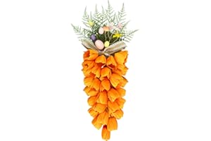Uieke Easter Tulip Carrot Swag Decor 24‘’ Spring Teardrop Swag Door Swag with Easter Eggs and Green Branches Spring Summer Flower Swag Wreath Decoration for Home Wall Window