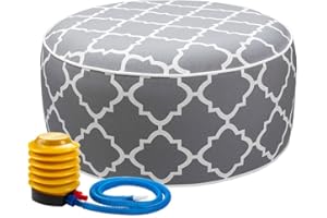 IN4 Care Outdoor/Indoor Inflatable Ottoman Pouf D20 xH9, All Weather Round Footstool with Foot Pump, Water Repellent Portable Footrest with Handle for Patio Garden Camping Travel-Grey Geometry