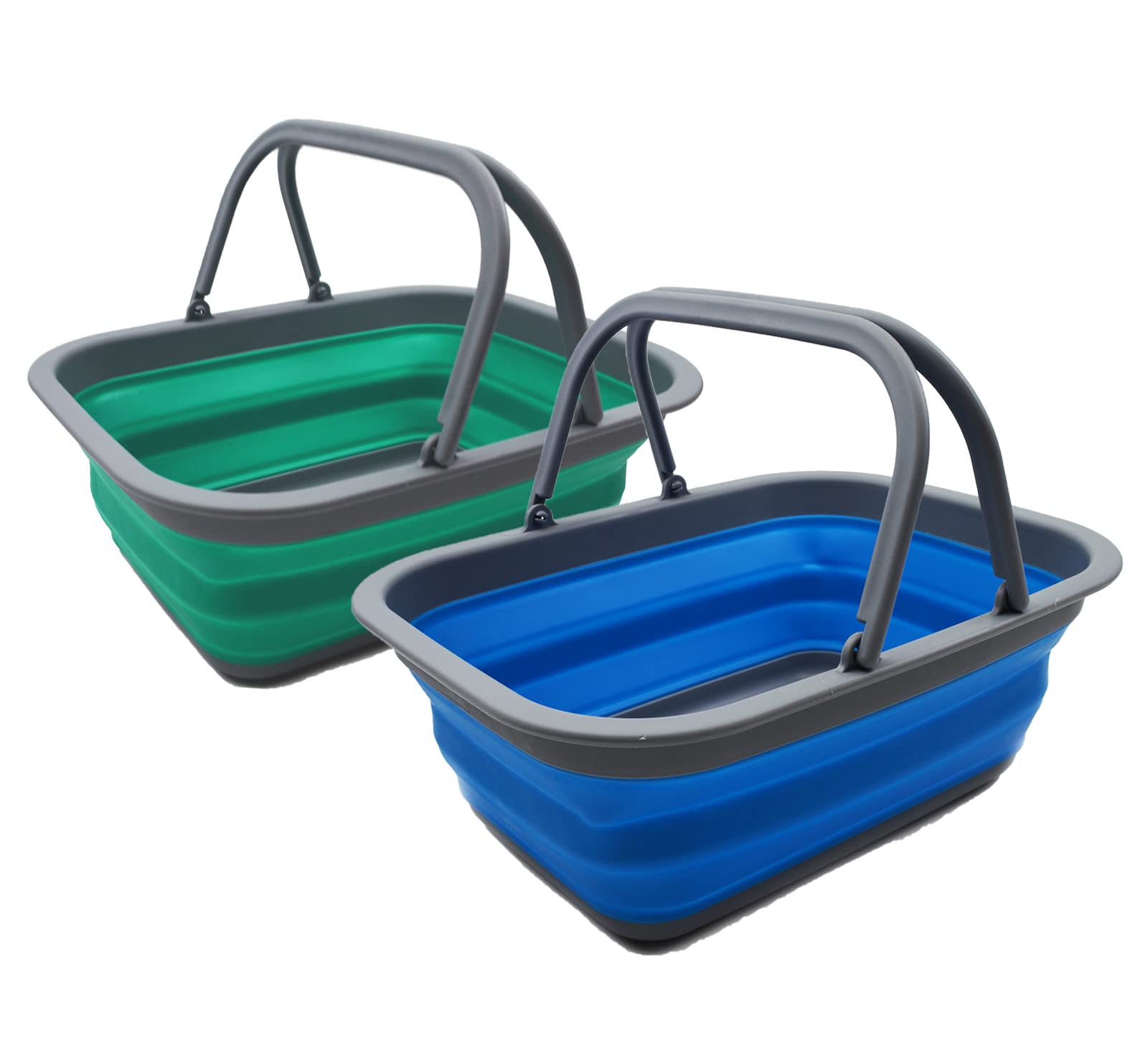 SAMMART 9.2L Collapsible Tub with Handle - Portable Outdoor Picnic Basket/Crater - Foldable Shopping Bag - Space Saving Storage Container (Bluish-Green & Blue, 2)
