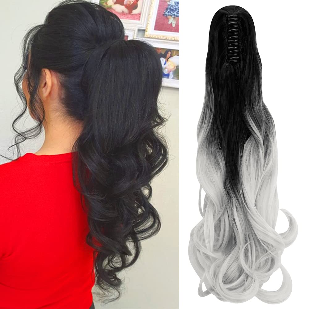OMGREAT Claw Clip in Ponytail Hair Extension Synthetic Hair One Piece Clip on Hairpieces Curly 18 inch Black To Silver Grey (150g)
