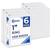 Rosmonde 3 Ring Binder 1 Inch, 6 Pack, Round Ring Binders, White Binder | Clear View Binders with 2 Interior Pockets, For Letter Size Paper, PVC Free Presentation Binders for School &amp; Office
