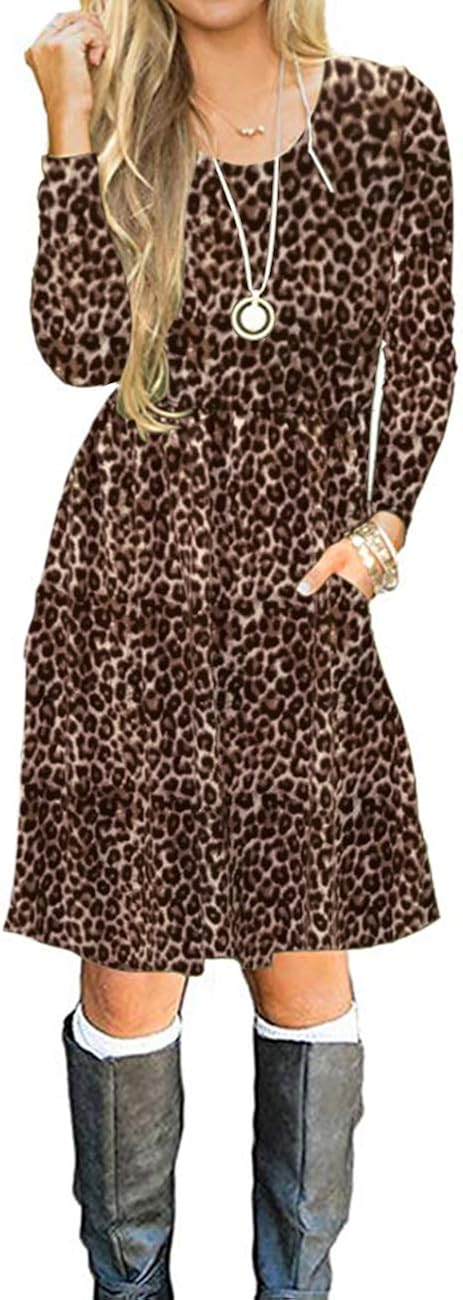 AUSELILY Women's Long Sleeve Pleated Loose Swing Casual Dress with Pockets Knee Length