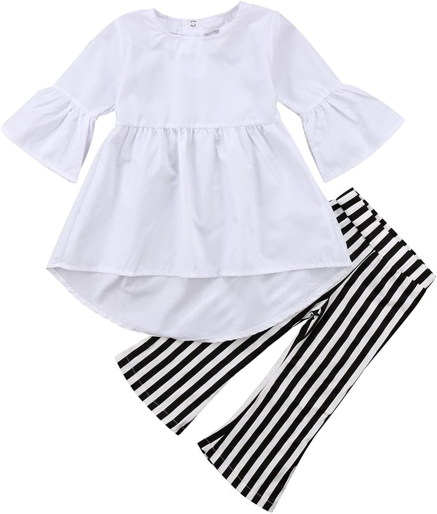 Toddler Baby Girl Clothes Ruffles Tunic Dress White Tops Striped Pants Outfits 2 Pcs Clothing Set
