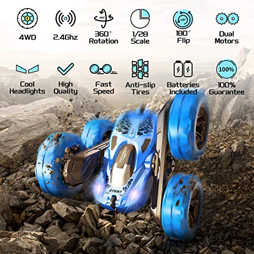 RC Cars Stunt Car Toy, SHARKOOL 4WD 2.4Ghz Remote Control Car Double Sided Rotating Vehicles 360° Flips, Kids Toy Cars for Boys & Girls Birthday (Pearl Blue)