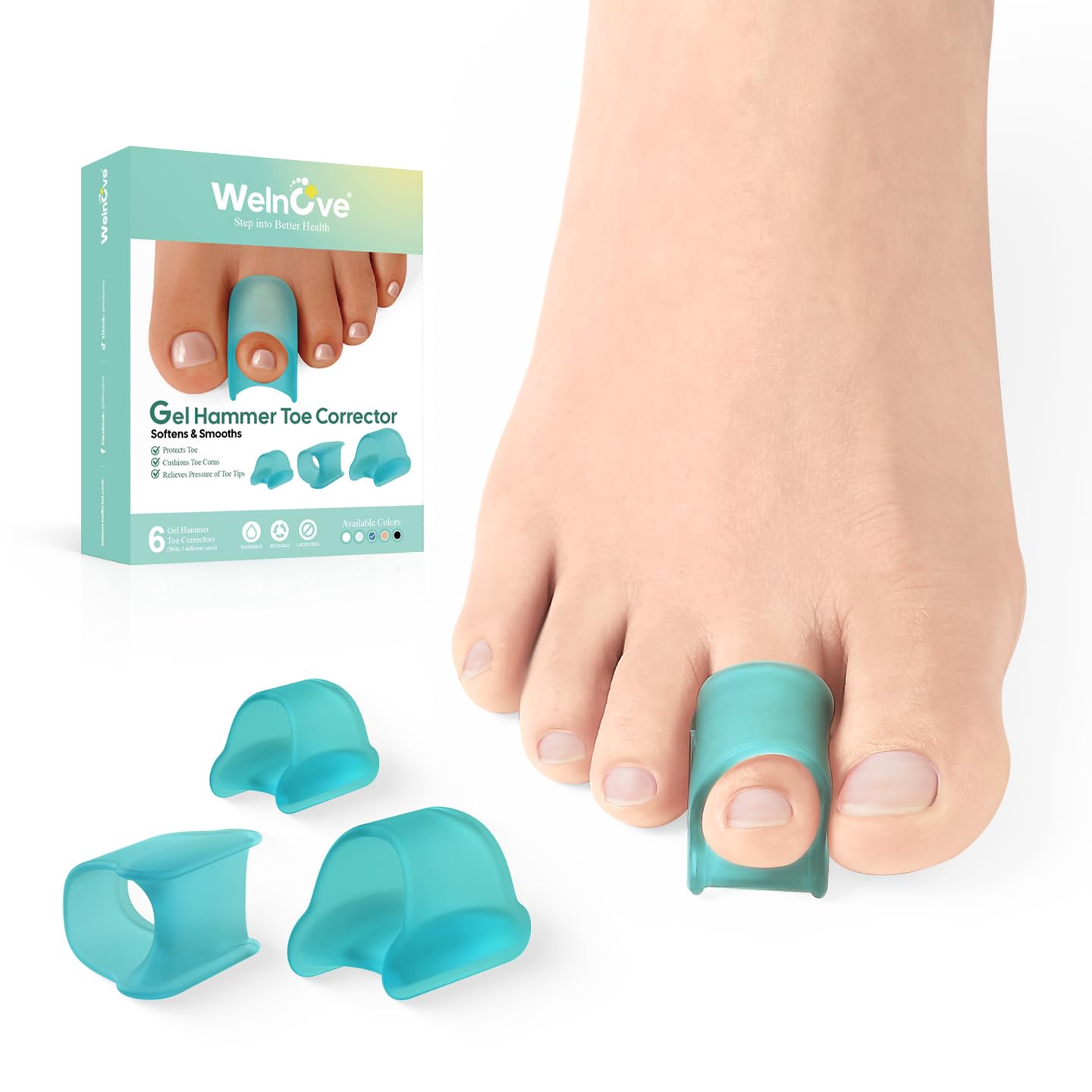 Photo 1 of Welnove Hammertoe Corrector - 6 Pack Toe Splints - Soft Gel Toe Straighteners - Realign Bent, Curled, Crooked, Claw, Hammer Toes - Toe Corrector for Men and Women, 3 Different Sizes (Blue)