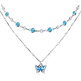 Fynnsure Blue Butterfly Necklace for Women Layered Necklace with Beaded Chain Silver Necklace with Dainty Pendant Jewelry Sets for Trendy Fashion Accessories Gifts for Birthday Mothers Day