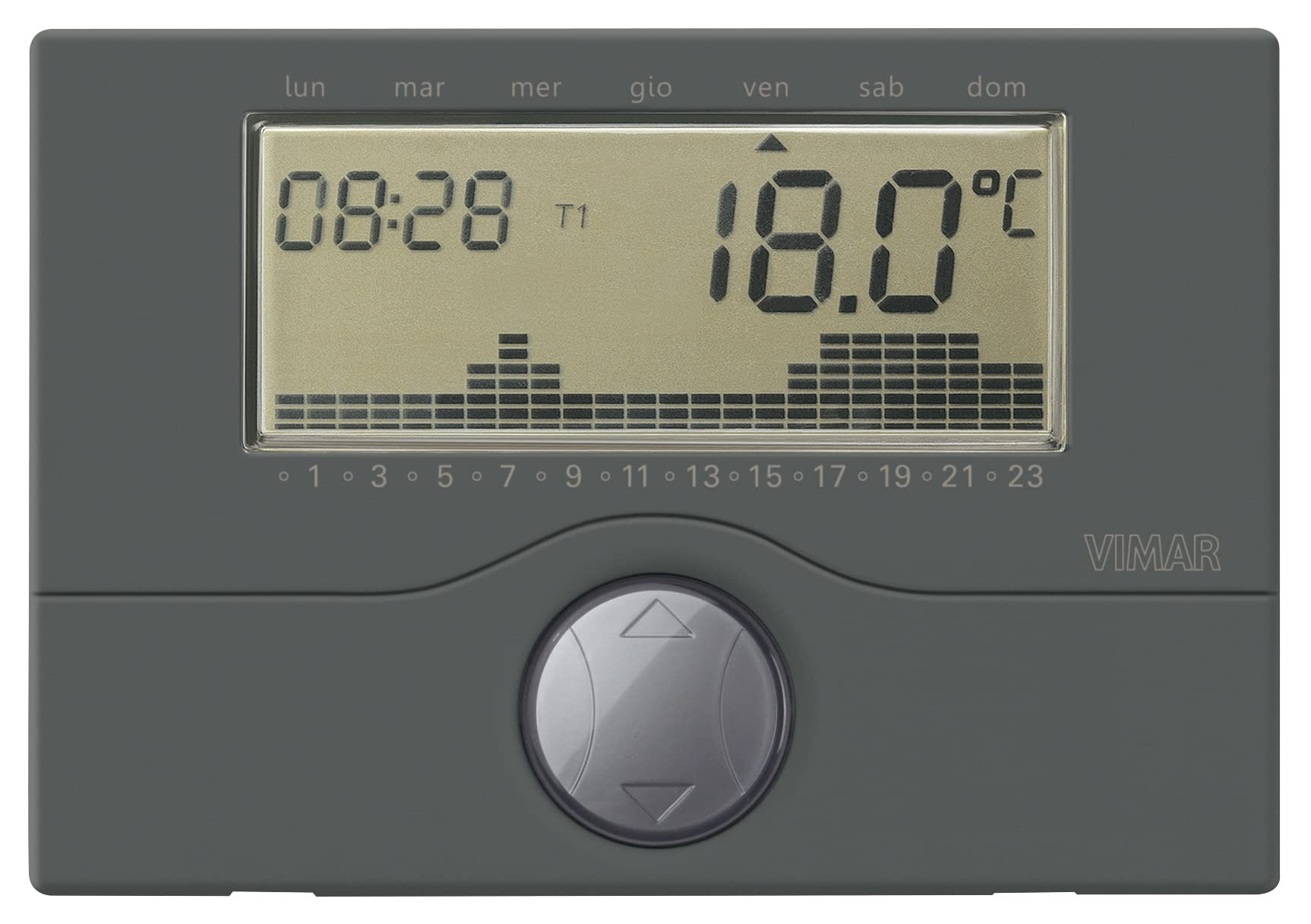 VIMAR 01910.14 Electronic Battery-Timer-Thermostat for ON/Off Ambient Temperature Control (Heating and air-Conditioning), Daily/Weekly Programming, Anthracite Grey