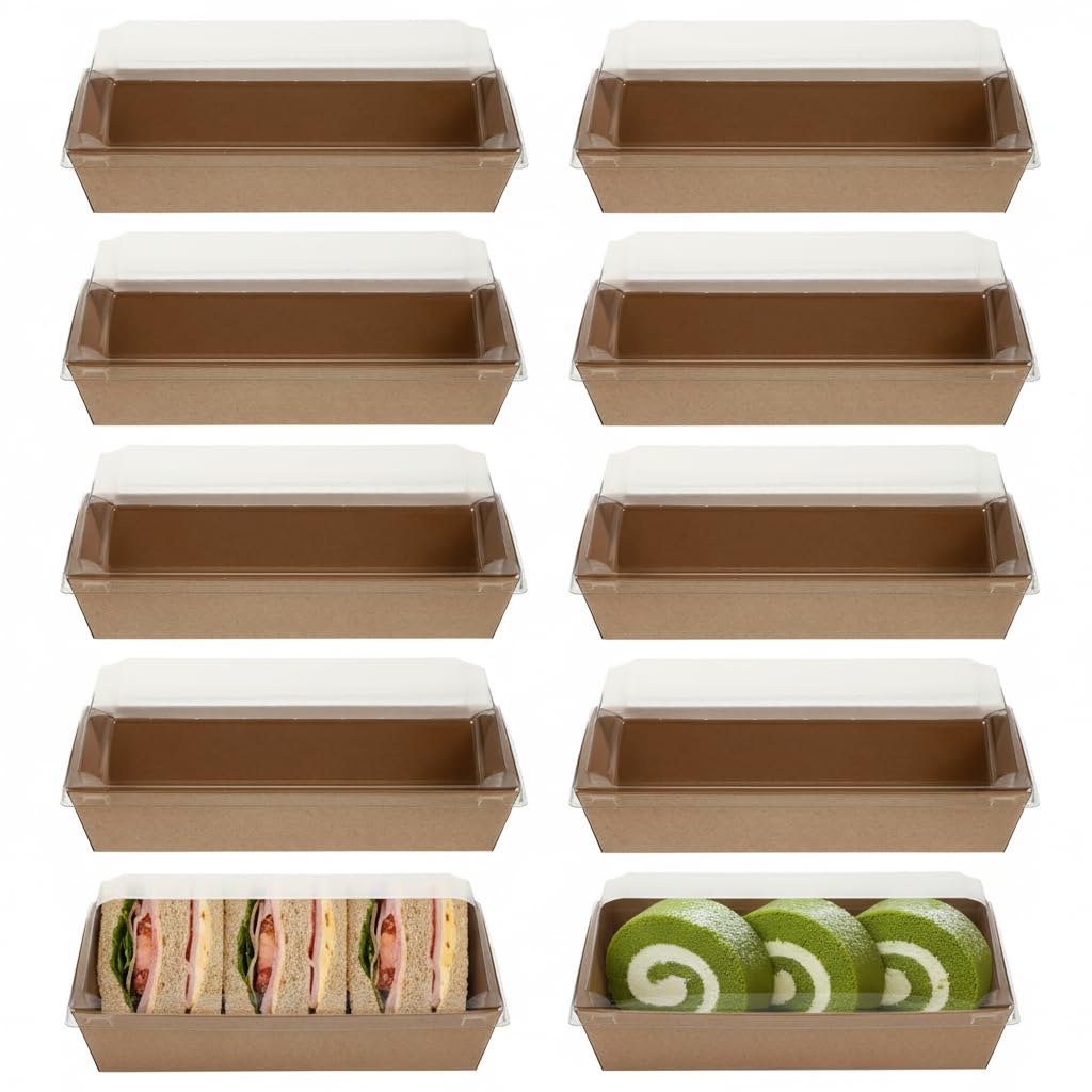 Housoutil Kraft Paper Sandwich Packaging Boxes with Transparent Lids 10-Pack Rectangular Takeaway Containers for Sandwiches Cakes Bread Snacks Bakery Food and Picnics