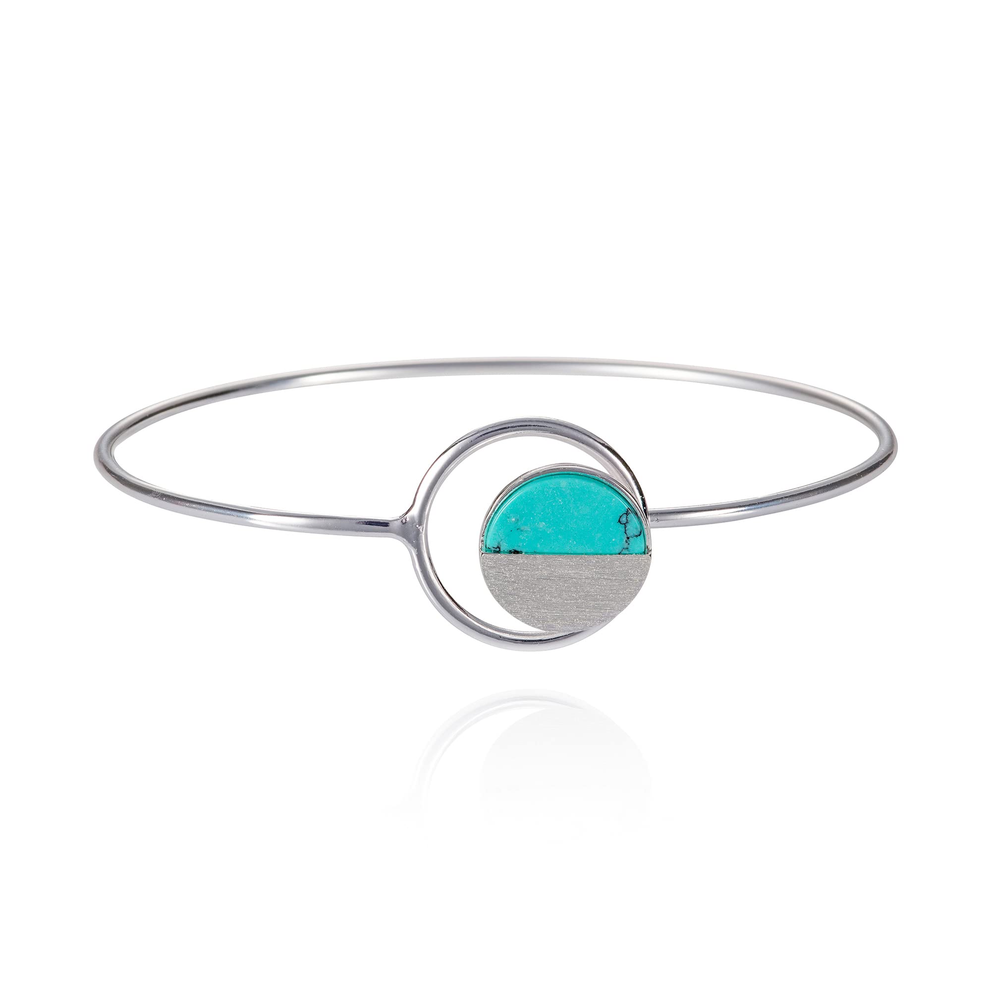 namana Disc Bangle Bracelet. Brushed Finish Geometric Bangle with Created Blue Turquoise or White Agate. 14ct Gold Plated or Silver Coloured Bangle for Women