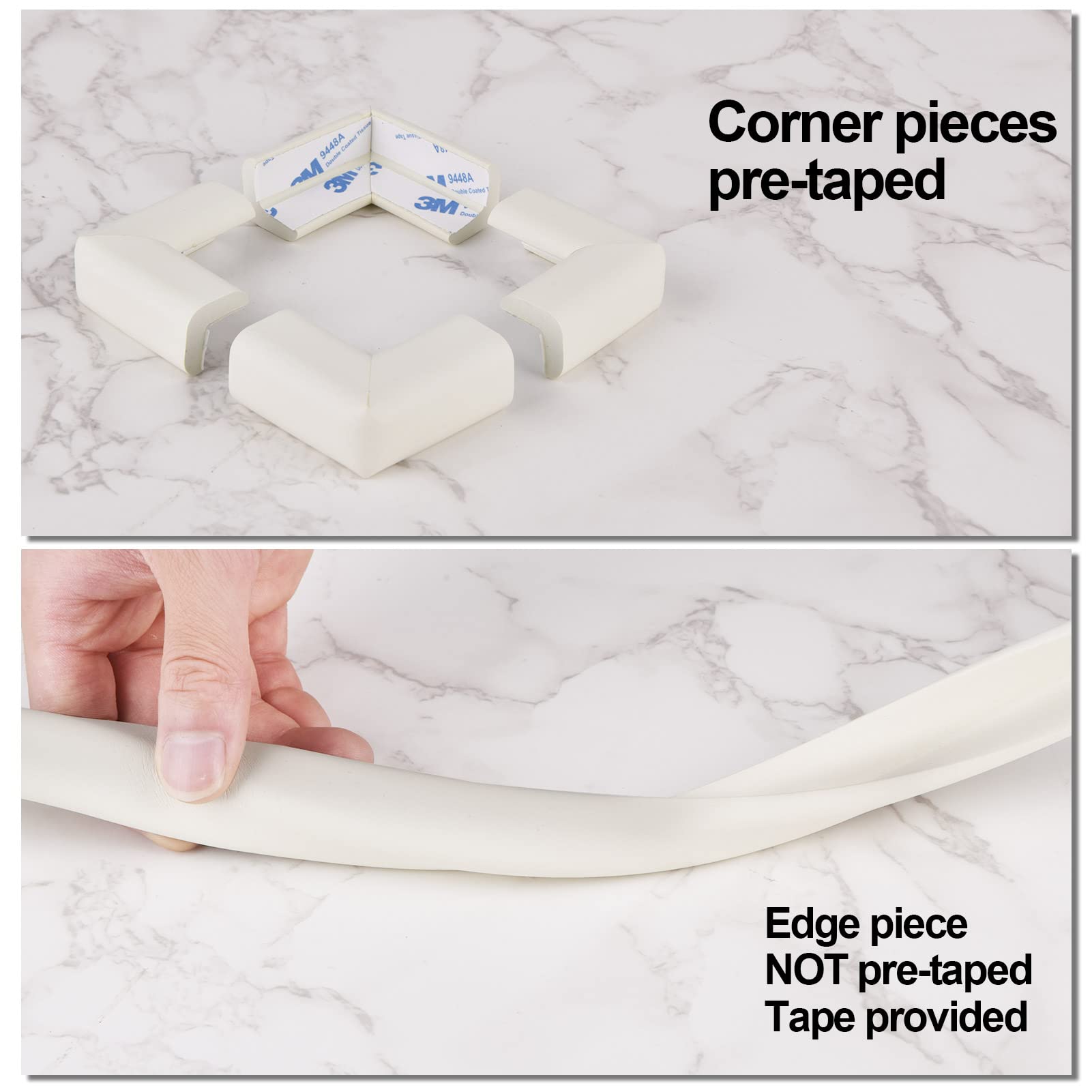 Baby Proofing Edge and Corner Guards, Safety Furniture Bumper with 3M Double-Sided Tape,16.40ft Edge + 4 Pre-Taped Corners Baby Corner Protector for Fireplace, Table, Stair, Cabinet (Beige White)