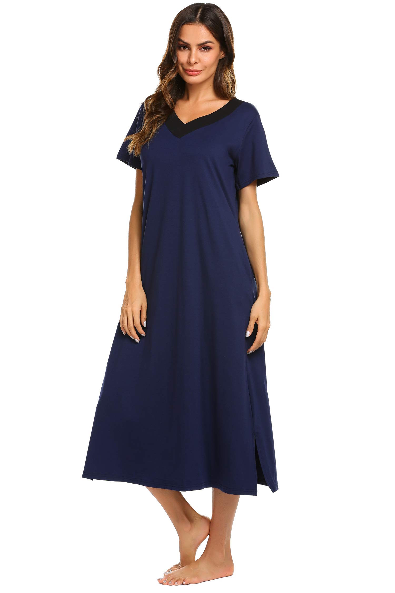 Ekouaer Womens V-Neck Cotton Nightgown Oversized Loose Fit Long Sleep Dress, Navy Blue, Small