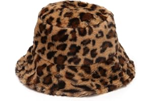 PURFANREE Women's Leopard Print Faux Fur Bucket Hat Fluffy Winter Warmer Plush Fisherman Cap