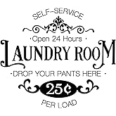SUPERDANT Self-Service Laundry PVC Wall Sticker Open 24 Hours Drop You Pants Here Art Lettering Self-Service Laundry Vinyl Wall Decal Vintage PVC Wallpaper Art for Laundromat Decor 16.5x11.4in