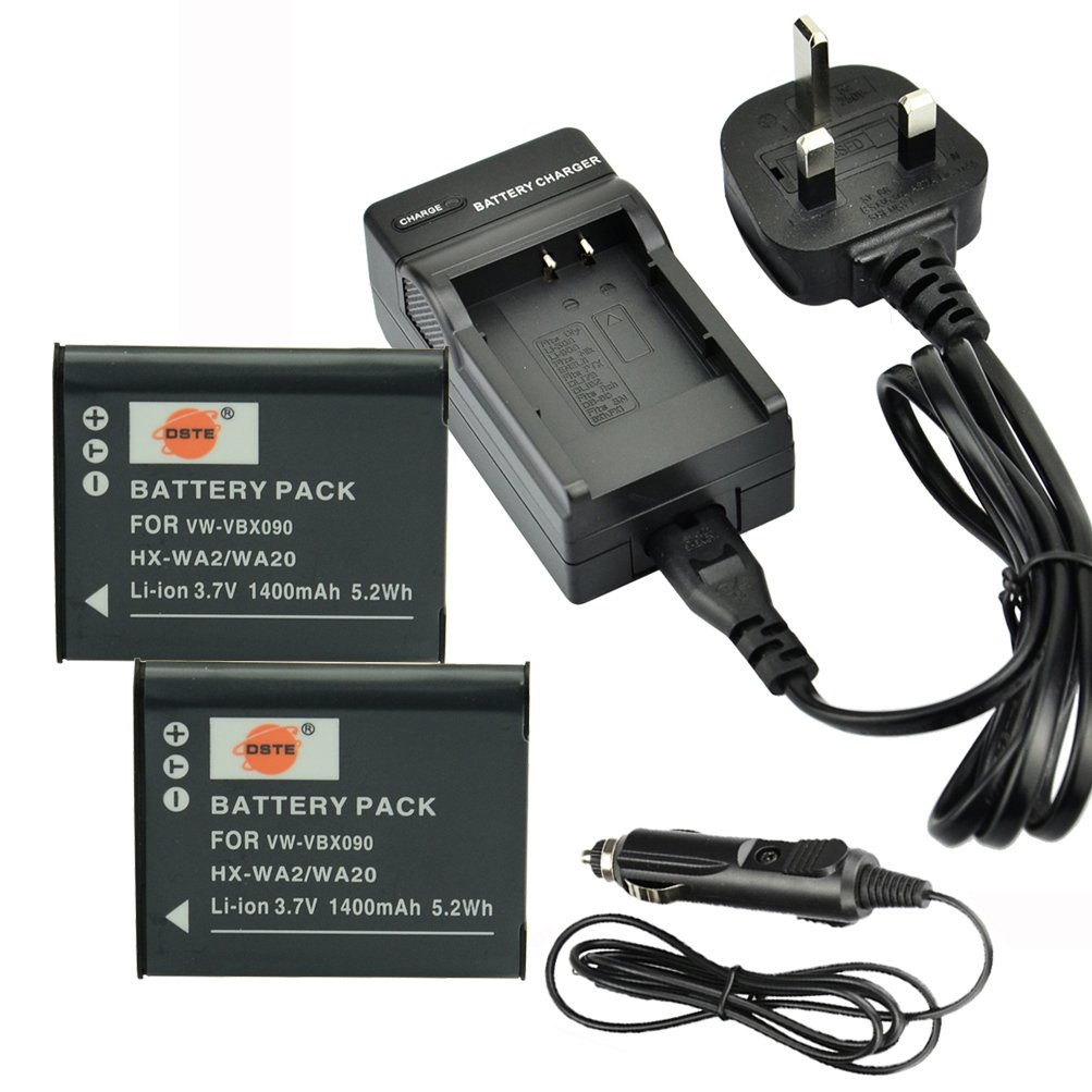DSTE 2x VW-VBX090 Rechargeable Li-ion Battery + DC16U Travel and Car Charger Compatible with Panasonic HX-WA03 HX-WA2 HX-WA2GKHX-WA20 HX-WA3HX-WA30 HX-WA301 Digital Camera