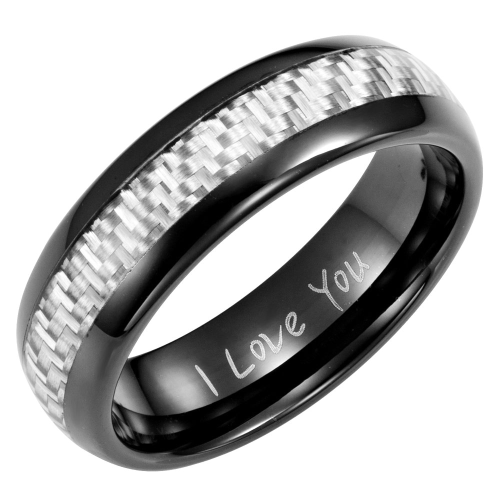 Willis Judd Men's 7mm Tungsten Graphite Carbon Fibre Ring Engraved I Love You