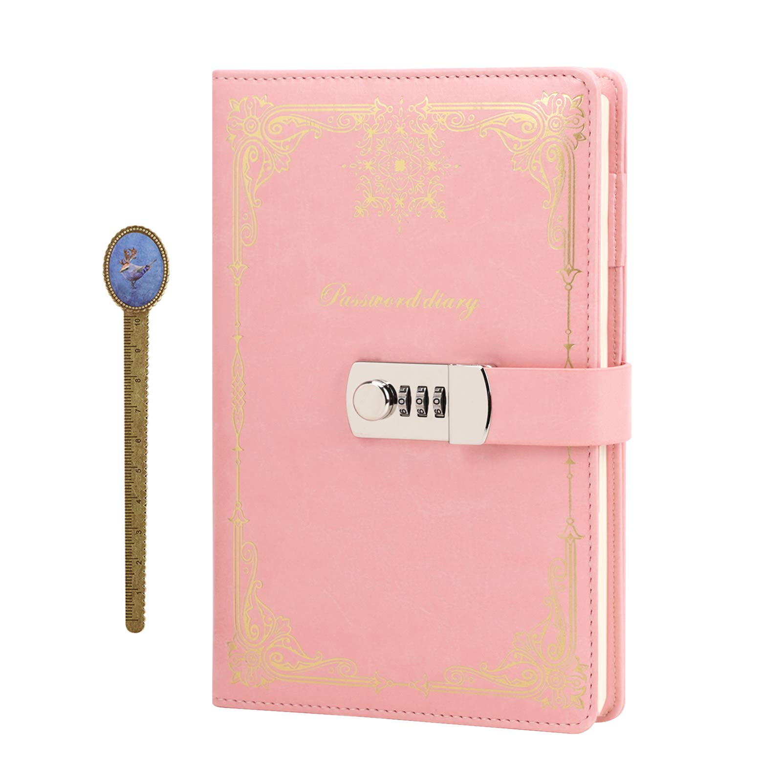 PU Leather Vintage Journal Writing Notebook Password Lockable Notebook Daily Notepad with Combination Lock and Pen Holder, A5 Size Lined Password Diary Personal Travel Journal Retro Red