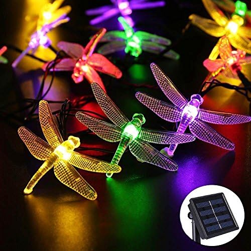 Outdoor Solar String Lights with Dragonflies, 16ft 30 LED 8 Modes Fairy Lighting for Christmas Trees, Garden, Patio, Wedding, Party and Holiday Decorations, Multi Color